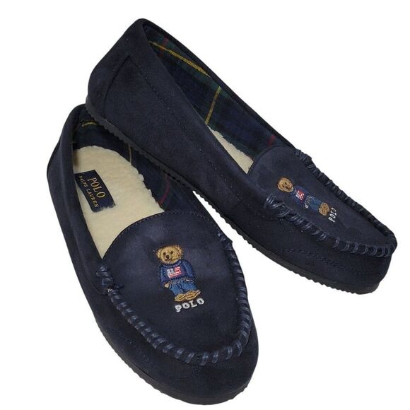 Polo Ralph Lauren Slippers Big Kid Boys Child Size 9 Dezi V Bear Faux Suede Fur - Picture 1 of 13